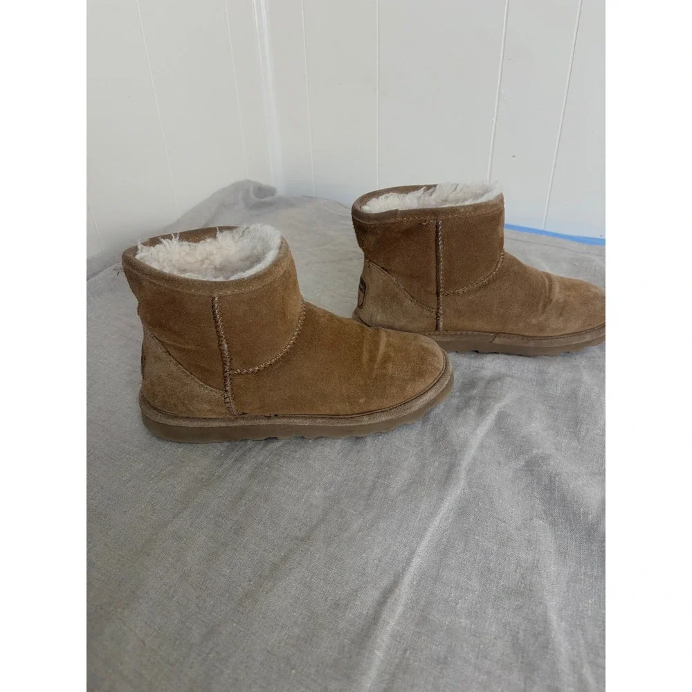 Bearpaw Elle Short Hickory Brown Suede Sheepskin Fur Lined Winter Boots Womens 8